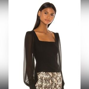 LPA from REVOLVE Cora Square Neck Sheer Sleeve Chiffon Top Black